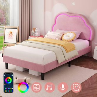 Matteo Pink Velvet Single Upholstered Bed with LED Adjustable Cloud Headboard