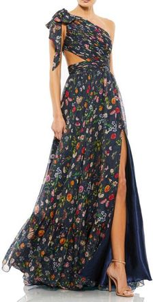 Mac Duggal Petite Tied One Shoulder Cut-Out Flowy Gown in Navy Multi at Nordstrom, Size 8P