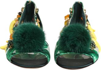 Dolce & Gabbana Green Mink Fur Satin Banana Leaf Sandals Womens Shoes