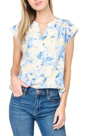 Gibsonlook Split Neck Cap Sleeve High-Low Top in Yellow/Navy Floral at Nordstrom, Size Xx-Large