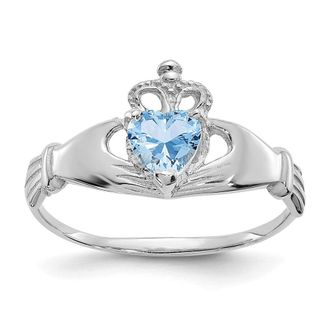 Diamond2Deal 14k White Gold Sky Blue Cubic Zirconia Claddagh Heart Ring