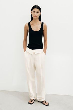 H&M Foldover-waist Linen-blend Trousers in Cream at Nordstrom, Size 18
