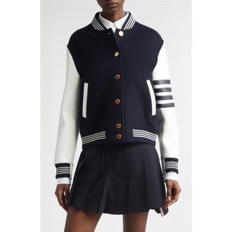 Thom Browne 4-Bar Wool & Leather Varsity Jacket in Navy at Nordstrom, Size 10 Us