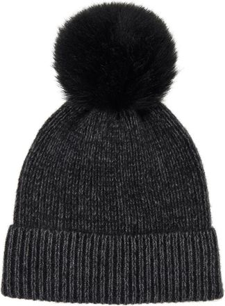 Amicale Cashmere Two-Tone Rib Knit Beanie with Genuine Shearling Pom in Black/Black at Nordstrom Rack