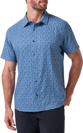 Travis Mathew Techwoven Sunlight Floral Short Sleeve Performance Button-Up Shirt in Bering Sea at Nordstrom, Size Xx-Large