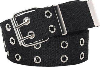 Generic Unisex Double Hole Grommet Canvas Waist Belt for Men & Women Punk Waistband Nylon Webbing Belts (Black)