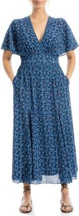 Max Studio Flutter Sleeve Empire Waist Maxi Dress in Navy/Cream Leaf Berries at Nordstrom Rack, Size X-Small