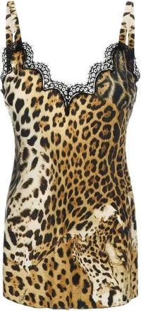 Roberto Cavalli Abito sottoveste con stampa leopardata e finiture in pizzo - - Tops - Donna - Marrone - M