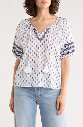 Lucky Brand Tassel Ties Embroidered Raglan Sleeve Top in Navy Dot at Nordstrom Rack, Size X-Large