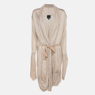Roberto Cavalli Beige Stretch Knit Belted Cardigan