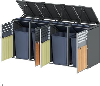 STILVORA Armario Para Cubos De Basura De 4 Compartimentos Con Tapa Abatible Hidr&aacute;ulica Y Puertas Con Cerradura Acero Gris Madera