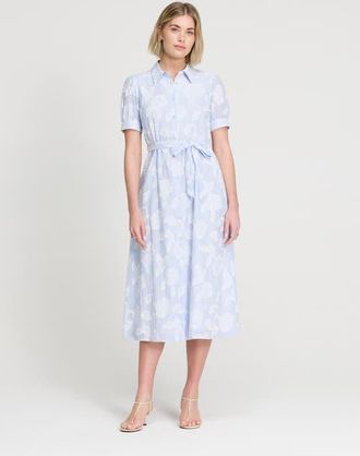 Finery Mariah Tie Waist Midi Shirt Dress in Blue Floral Stripe at Nordstrom, Size 20