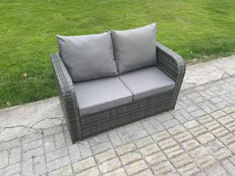 Fimous 2 Seater Curved Arm Rattan Love Sofa Patio With Cushion in Dark Grey