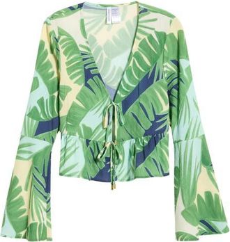 Sanctuary Ruffle Tie Front Cover-Up Top in Green Multi at Nordstrom, Size X-Large