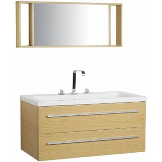 Beliani Mobiletto Lavabo Beige e Argento a 2 Cassetti con Specchio Moderno Almeria