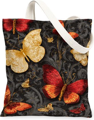 Generic Vintage Butterfly Canvas Tote Bags, Elegant Floral Design Reusable Grocery Bags, Lightweight Washable Shoulder Strap Canvas, Black, 13x15 Inch
