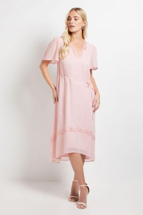 Wallis Womens Petite Chiffon Lace Insert Midi Dress - Pink - Size 12 UK