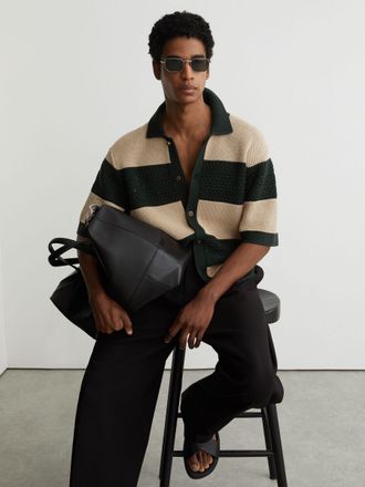 Reiss Dark Green & camel Cotton Block-stripe Knitted Shirt, Xxl