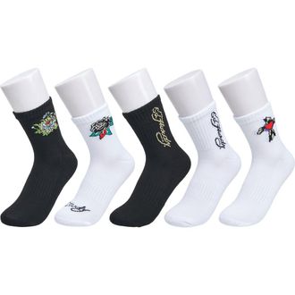 Ed Hardy Flower Heart Print Half Cushion Mid Crew Sock 5-Pack in White Multi at Nordstrom