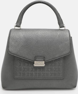 Carolina Herrera Small Silver Monogram Embossed Leather Top Handle Bag