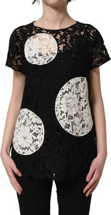 Dolce & Gabbana Womens Black White Floral Lace Short Sleeve Blouse Top