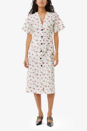 Ganni Floral Organza Jacquard Midi Dress - Size 32 Beige