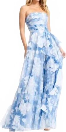 Dress The Population Kit Strapless Straight Neck Dress In Blue Floral Organza