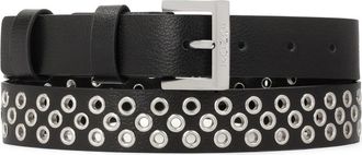 Kazar Zwarte leren riem versierd met zilveren oogjes - Dames - Riemen - Zwart - 80 CM - Leer - Accessoires