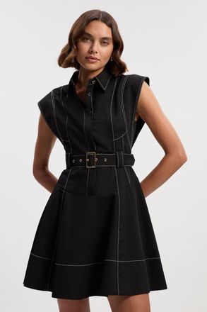 Karen Millen Womens Petite Twill Contrast Hardware High Neck Woven Midi Dress - Black - Size 6 UK