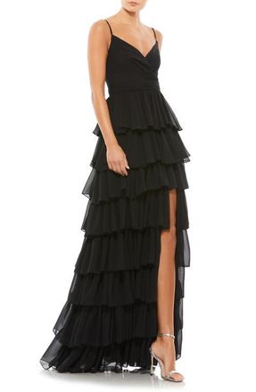 Mac Duggal Sleeveless V Neck Ruffle Skirt Evening Gown in Black at Nordstrom, Size 10
