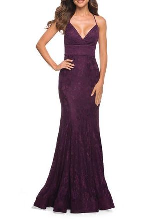 La Femme Stretch Lace Gown with Flattering Seams at Waist in Dark Berry at Nordstrom, Size 00