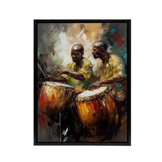 Artery8 African Music Drum Players Framed Canvas Wall Art Print | Size: W24 x H32