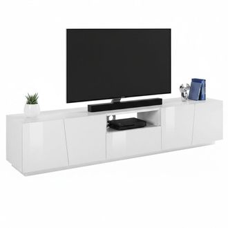 Dmora Dmora - Mueble Para Tv Para Sal&oacute;n, Made In Italy, Mueble Para Tv Con 4 Puertas Y 1 Caj&oacute;n, 220x43h46 Cm, Color Blanco Brillante, Con Luz Led Blanca, Co