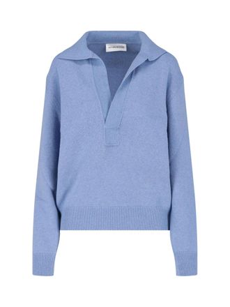 Victoria Beckham Muted Periwinkle Blue Fine-Knit Sweater with V-Neckline