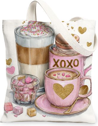 Generic Fanciful Coffee Canvas Tote Bag, Vintage Heart Pattern Reusable Grocery Bags, Lightweight Washable Shoulder Strap Canvas Ba, White, 13x15 Inch