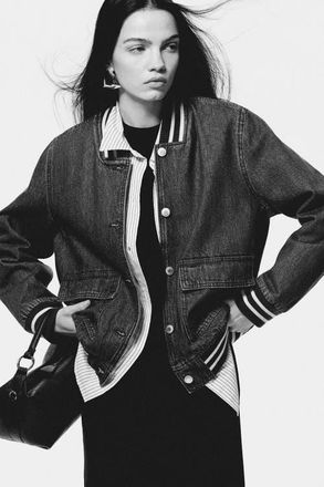 H&M Denim Baseball Jacket in Dark Denim Blue at Nordstrom, Size X-Small