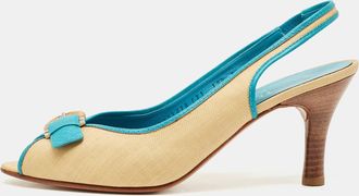 Ferragamo Blue/cream Leather And Raffia Anah Slingback Pumps