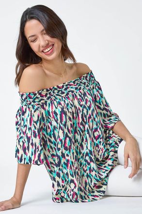 Roman Contrast Animal Print Bardot Top