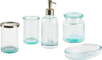 Beliani Conjunto De 5 Accesorios De Ba&ntilde;o De Vidrio Verde Plateado Dispensador Jabonera Portacepillos 2 Recipientes Glamour Amarga