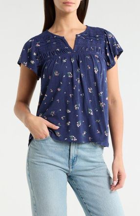 Lucky Brand Floral Flutter Sleeve Cotton Blend Top in Navy Floral at Nordstrom, Size Xx-Large