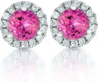 Pompeii3 1ct Pink Topaz & Diamond Halo Studs 10K White Gold