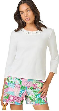 Lilly Pulitzer Clairmont 3/4 Sleeved Tri Womens Clothing Resort White : XXS, Cotton