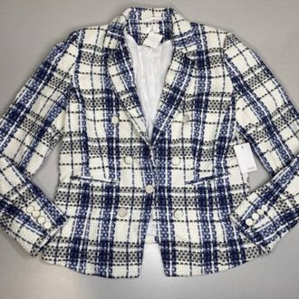 ECRU Womens Tweed Double Breasted Plaid Blazer In Blue, White