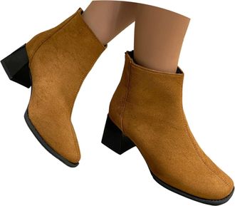 Generic Womens Mid Calf Boots Chunky Heel Ankle Booties Square Toe Slip On Fashion Boots with Rear Zipper for Fall Winter Casual Dress Office Wear(Brown, 3.5)