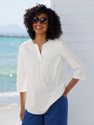 Heine Schlupfbluse HEINE, Damen, Gr. 34, ecru, 100% Baumwolle, unifarben, Rundhals, Blusen Schlupfbluse