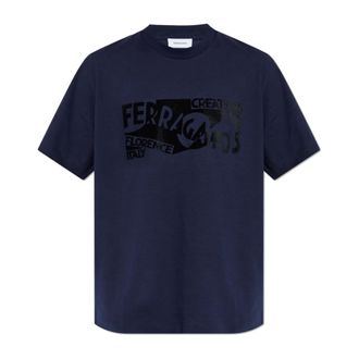 Ferragamo Tops, Heren, Blauw, 2Xl, Katoen, Velvet Logo T-Shirt
