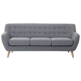 Beliani Sof&aacute; 3 Plazas Tapizado Gris Claro Con Respaldo Copetudo Patas De Madera Clara Acolchadas Gruesas Sala De Estar Minimalista Escandinava Motala