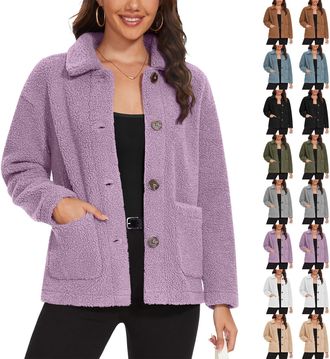 Generic Ladies Fleece Jackets Fluffy Lapel Collar Cardigans Womens Elegant Button Down Loose Warm Teddy Coat with Pockets Winter Thick Thermal Outdoor Casual 