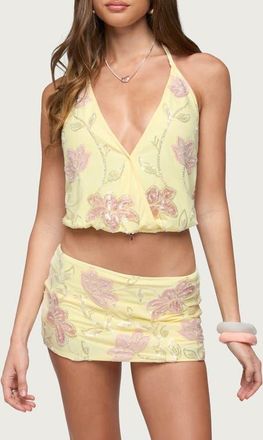 Edikted Mena Sequin Floral Halter Top in Light-Yellow at Nordstrom, Size X-Small
