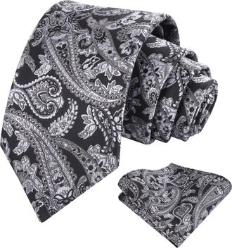 Alizeal Mens Paisley Tie for Men Pocket Square Wedding Party Flroal Necktie & Hanky Set, Black+White